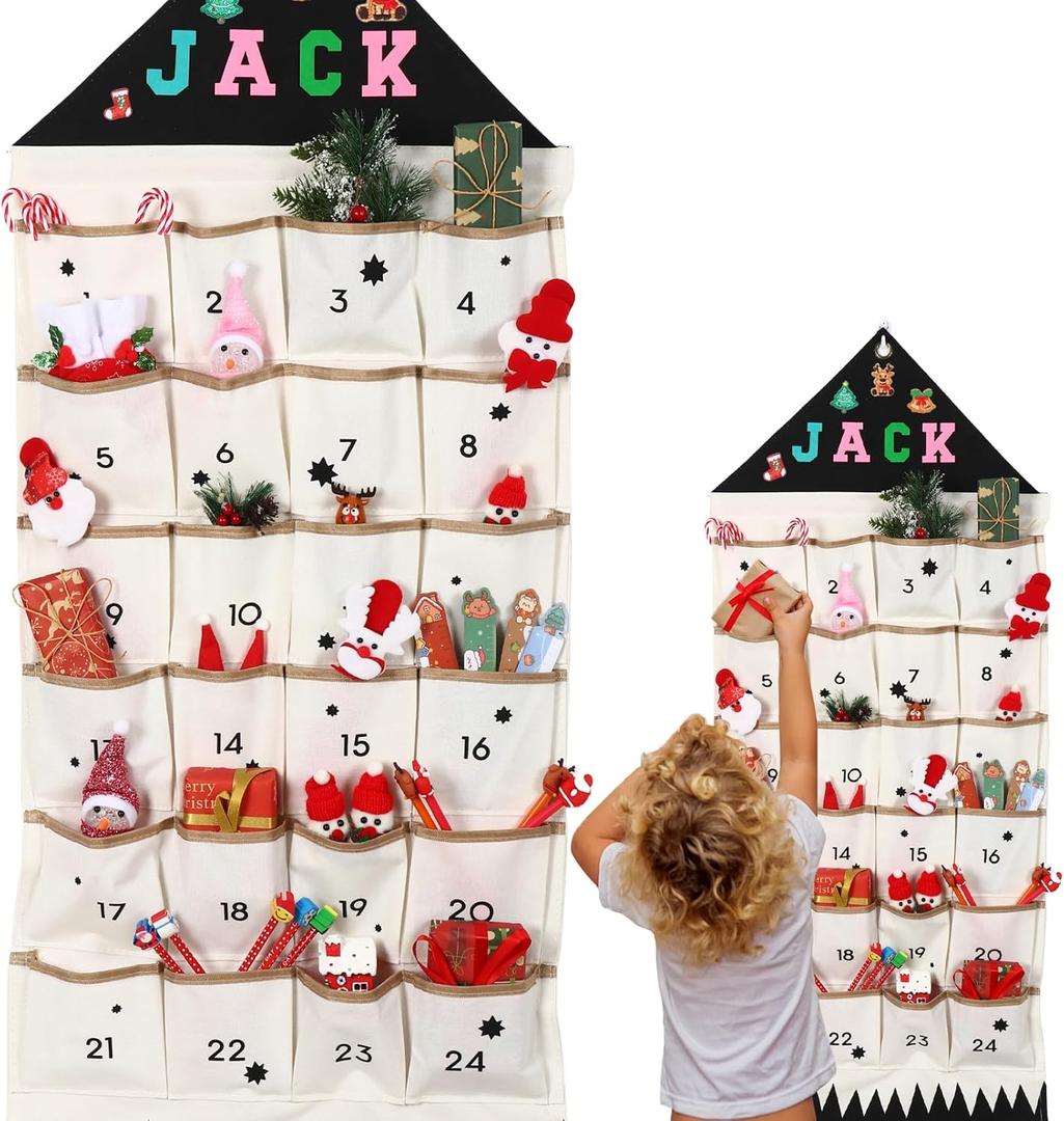 Fabric Advent Calendar with Name,Christmas DIY Advent Calendar with 24 Pockets Wall Hanging Bag,Children's Countdown to Christmas Use Year After Year (Black)