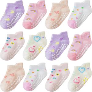 Baby Toddler Socks Grip Non Slip Boys Girls Cotton 12 Pack for Kids Ankle Cute Socks 6M-7Years (3-5T, Stars)
