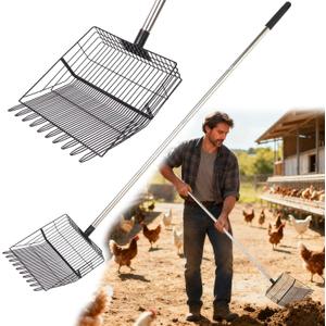 Reptilux Heavy Duty Chicken Poop Scooper Adjustable Long Handle - Stainless Steel Sifter Shovel for Sand & Hemp Bedding - Metal Coop Scoop Rake - Chicken Accessories for Poultry, Dog & Cat Litter