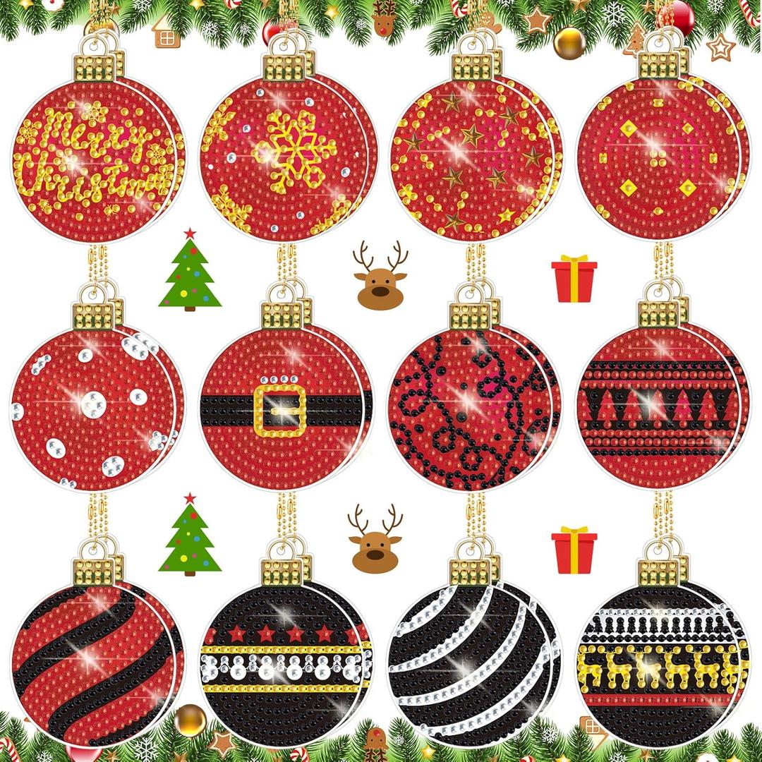 24 Pcs Diamond Art Christmas Ornaments Double Sided Christmas Balls Diamond Painting Xmas Ornaments DIY Red Black Gold Hanging Decorations for Adults Xmas Home Crafts Holiday Party Supplies