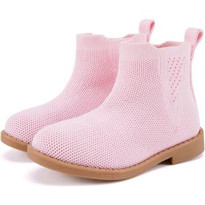 BMCiTYBM Toddler Girls Ankle Boots Low Heel Knitting Sock Short Chelsea Breathable Mesh Slip On Booties Dress Shoes All Season (Pink)
