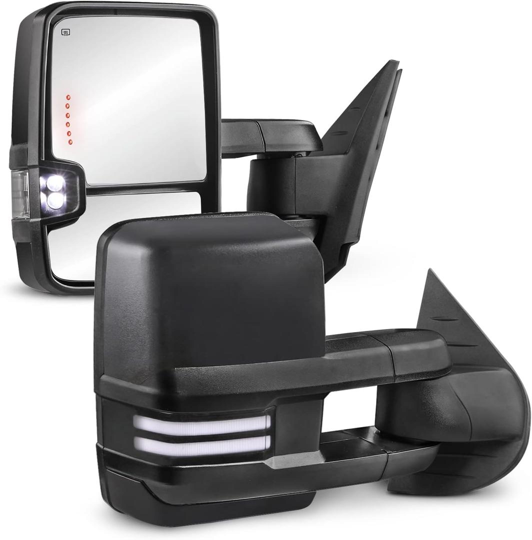 MOSTPLUS Power Heated Towing Mirrors Compatible with 2008-2013 Chevy Silverado Suburban Tahoe GMC Serria Yukon w/Sequential Turn light, Clearance Lamp, White Running Light(Set of 2)-Black