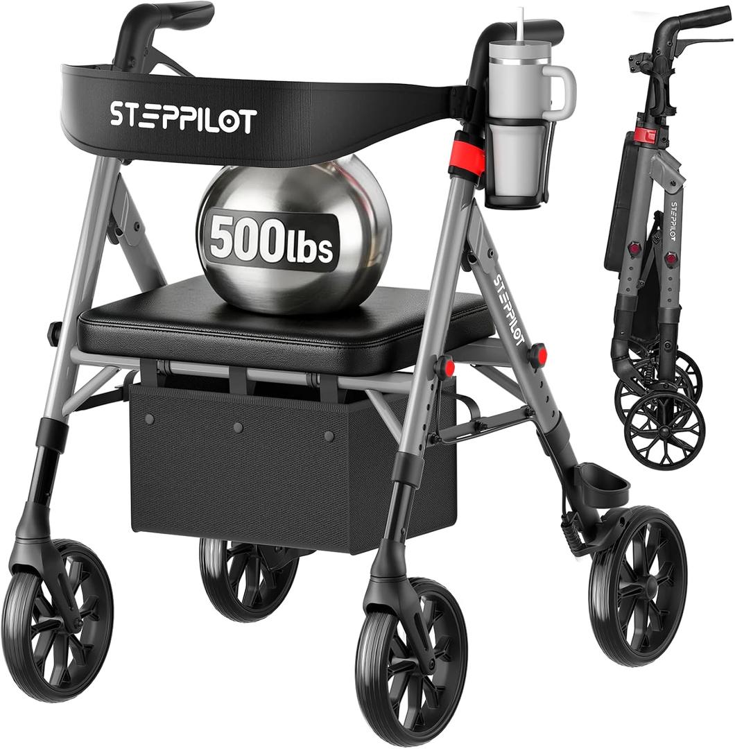 Bariatric Rollator Walker with Seat for Seniors, 500lb Capacity Aluminum Frame, Zero Wobble, 16lb Lightweight, 8" All Terrain Wheels, 10-Level Adjustable Handle/Seat, Cup Holder, Cane Clip