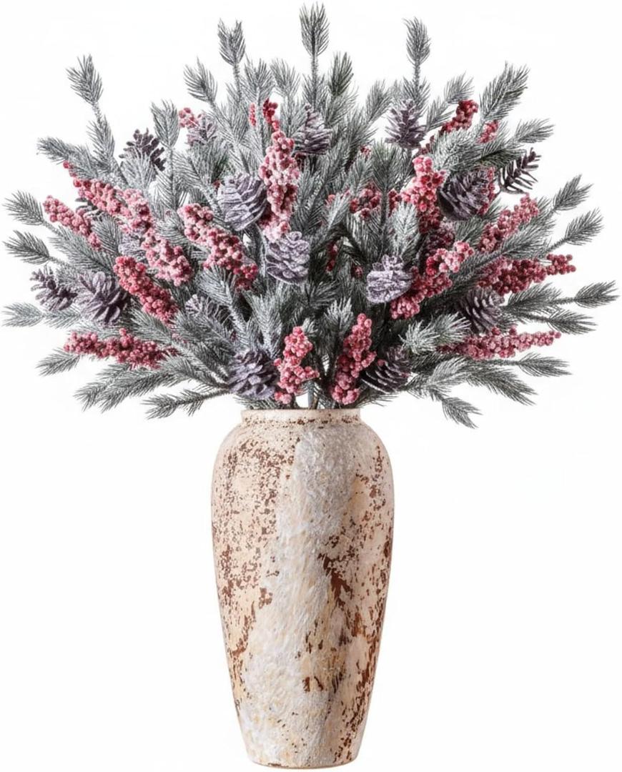 8 Pcs 25.6" Artificial Christmas Snow Flocked Pine Branches with Pine Cones Red Berries Faux Greenery Stems Winter Xmas Tree Needle Pick for Vase Filler DIY Craft Garland Wreath Home Decor