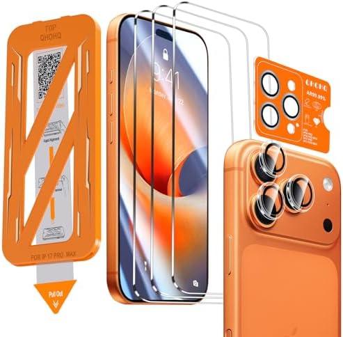 QHOHQ [1-Second Auto-Install] 3 Pack Screen Protector for iPhone 17 Pro Max [6.9 Inch] + 1 Set Camera Lens Protector, 9H+ Shatterproof Tempered Glass, [12FT Military Grade Protection], Case Friendly