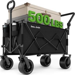 BEAU JARDIN Folding Push & Pull Beach Wagon 500 lbs Collapsible Foldable Wagons with Push Handle All Terrain Wheels Grocery Utility Camping Sports Garden Wagon Cart Black (Large)