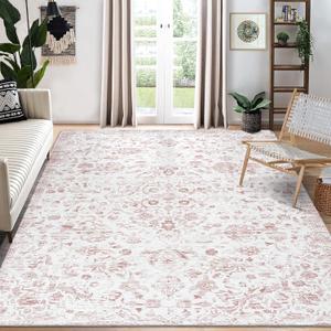 CAROMIO 9x12 Area Rug Large Machine Washable Vintage Area Rug Retro Distressed Floral Medallion Country Accent Rug Stain Resistant Non-Slip Floor Cover Carpet Rug for Living Room Home Decor, Pink