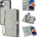 TwoHead Wallet Case Compatible with iPhone 17,Detachable,Magnetic,11 Cards Holder,PU Leather All-Round Protective Phone Case with Change Pocket(6.3 in,Gray)