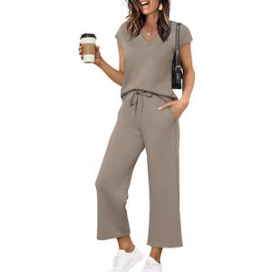 Saloogoe Two Piece Sets for Women Summer Outfits Lounge Sets V Neck Tops Wide Leg Pants Woman Vacation Travel Outfits, XL