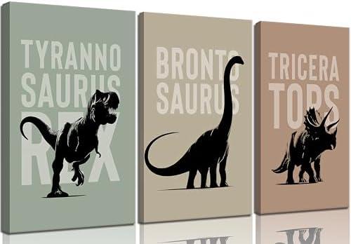 3Pcs Nursery Dinosaur Canvas Wall Art Bronto,Trike,T.rex Painting Picture Wall Decor Adorable Toddler Dino Poster Print Artwork for Kids Boys Room Nursery Classroom Playroom Home Decoration