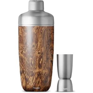 S'well Stainless Steel Shaker Set with Jigger, 18oz, Teakwood, Triple Layered Vacuum Insulated Container Keeps Cocktails Colder for Longer, BPA Free Barware