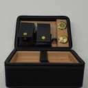 Travel Cigar Humidor Set, 2-Layer Design & CedarWood Lined, with Cigar Lighter Built-in V Cutter&Holder, Cigar Cutter, Draw Enhancer, Hygrometer, Humidifier, Portable Leather Cigar Case, Gifts for Men (Black Gold)
