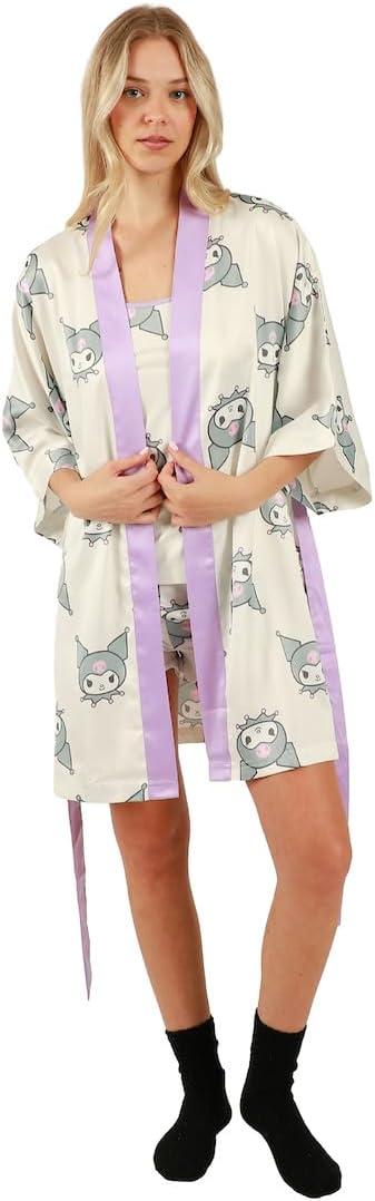 Bioworld Juniors Kuromi Sleepwear Set: Robe, Cami, and Sleep Shorts (X-Large, Multicolored)