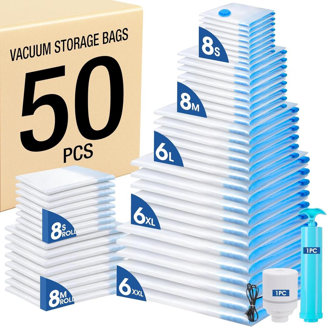AROIC 50 Pack Vacuum Storage Bags, 5 Sizes + 2 Roll-up (8 Each) Space Saver Vacuum Sealer Bags for Clothing with 1 Electric Pump and 1 Hand Pump, Seasonal Storage Bags for Luggage, Travel Essentials