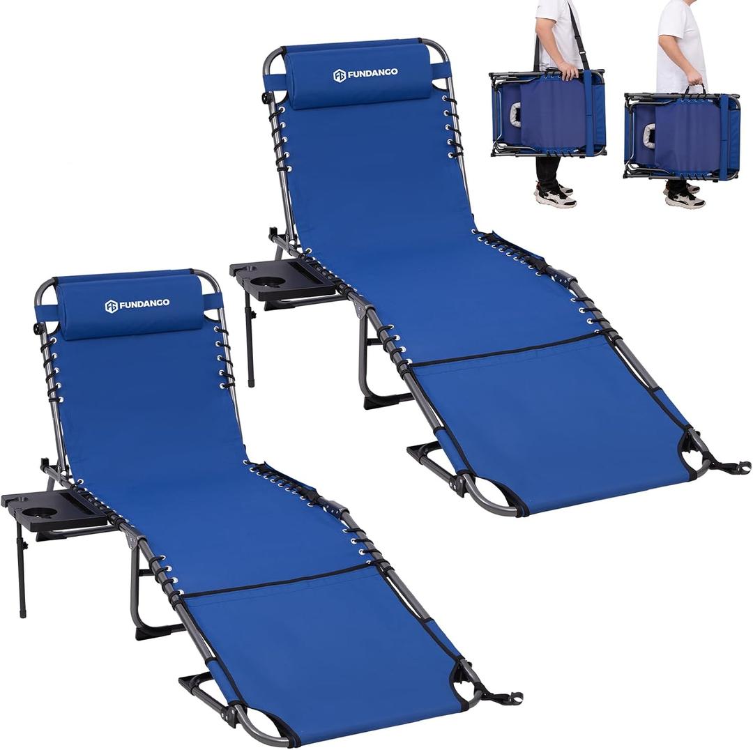 FUNDANGO 400lbs Tanning Chair with Face Hole & Canopy & Side Table, 5 Positions Beach Sunbathing Lounge Chair Facedown Chaise Lounge with Pillow for Pool Outdoor Camping Patio, Set of 2 Blue