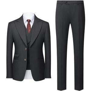 Mens Pin Stripe Suit 3 Piece Classic Business Suits for Wedding Prom Tuxedo Jacket Vest Pants Two Button (Large, Dark Gray)