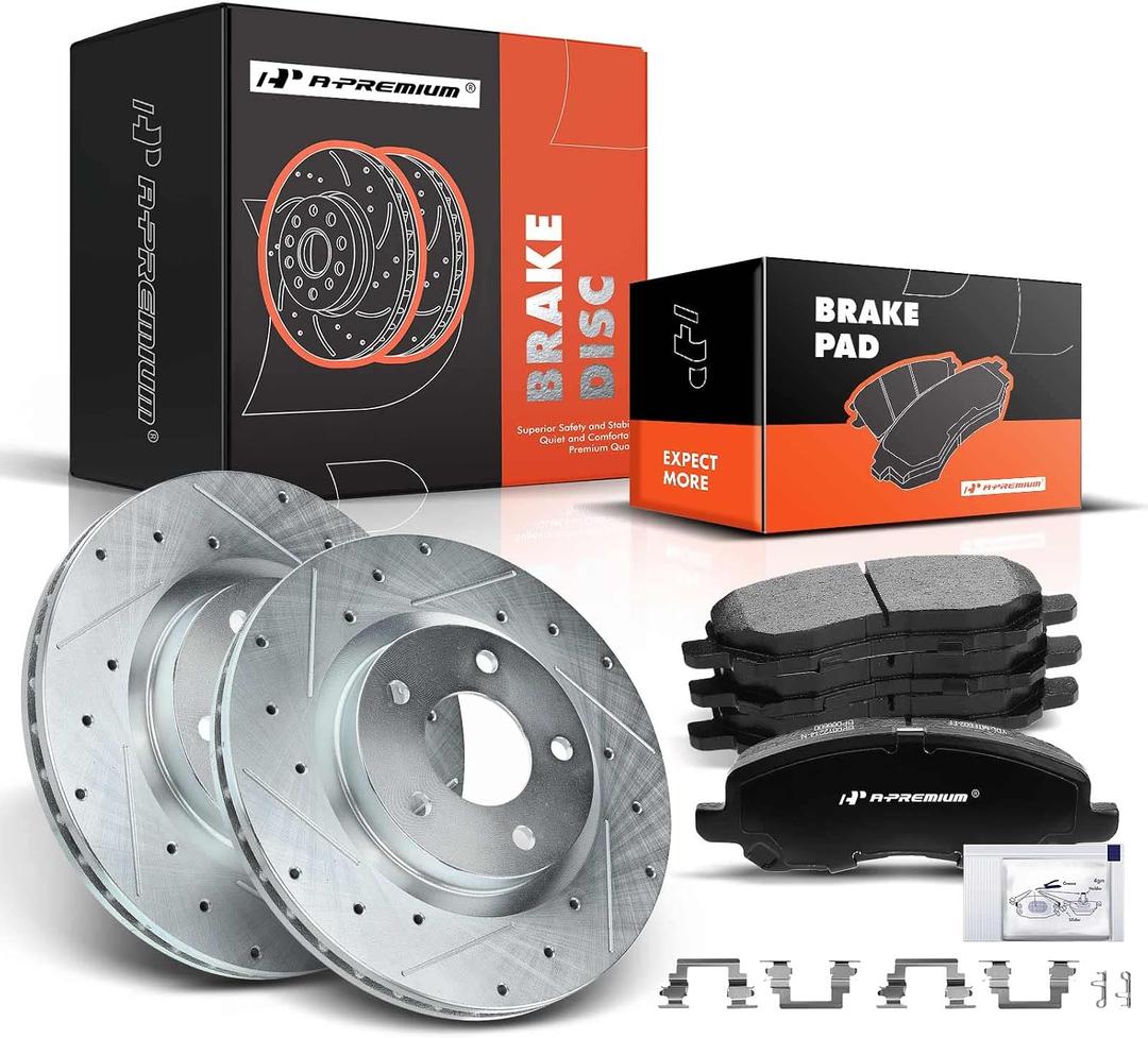 A-Premium 11.57 in (294mm) Front Drilled and Slotted Disc Brake Rotors + Ceramic Pads Kit Compatible with Select Jeep, Mitsubishi, Chrysler & Dodge Models - Compass, Patriot, Lancer, Avenger, Sebring
