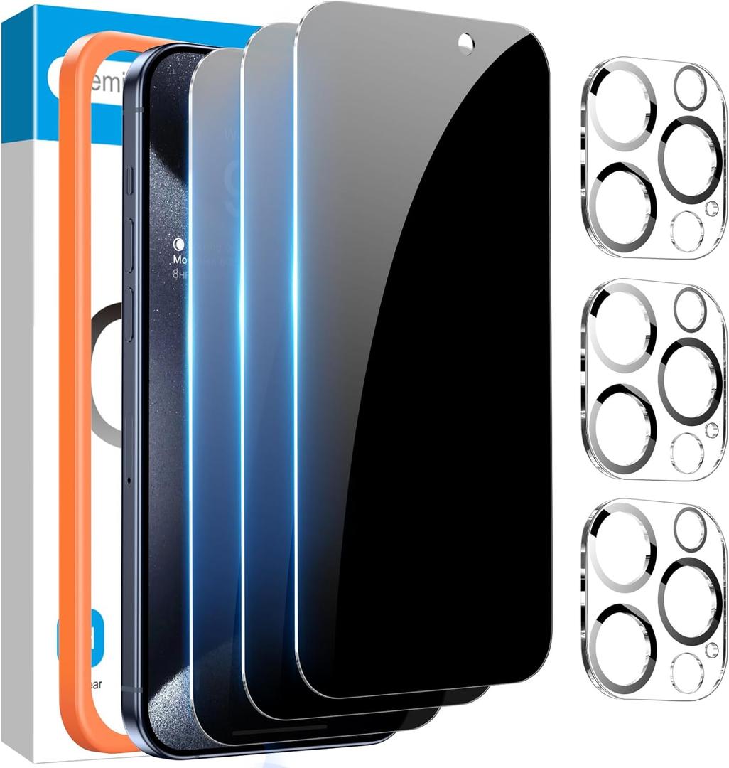 Fotbor [3+3 Pack for iPhone 15 Pro Privacy Screen Protector & Camera Lens Protector, Privacy Screen iPhone 15 Pro, Anti Spy Private Tempered Glass Easy Installation Kit 6.1 Inch Accessories
