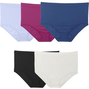 Fruit of the Loom Women's No Show Seamless Underwear, Amazing Stretch & No Panty Lines, Nylon-Plus Size Brief-5 Pack-Black/ White/ Blue, 9 Plus