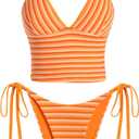 ZAFUL Striped Swim Suits for Women 2025 Halter V Neck Tankini Sets Terry Bikini High Cut Tie Side Thong Bathing Suit (Medium, Orange)
