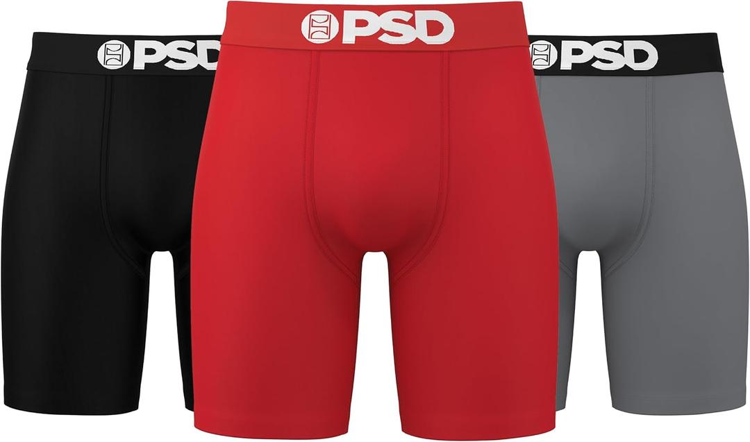 PSD Underwear Mens Boxer Briefs - Solid Basics, Standard Length Pack & Singles, Soft & Breathable Boxer Briefs for Men (Large, Red/Grey/Black 3-Pack 1)