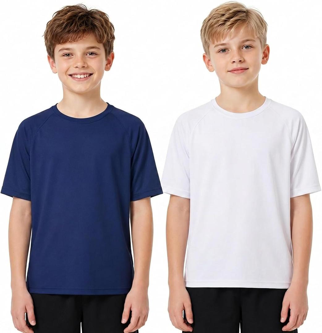 2 Pack Boys Tshirt Rash Guard, UPF 50+ Short Sleeve Swim Shirt, Quick Dry Swimwear for Beach, White/Navy