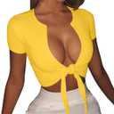 BORIFLORS Women's Sexy Tie Up Crop Top Short Sleeve Deep V Neck Casual Basic T Shirt (Yellow, M)