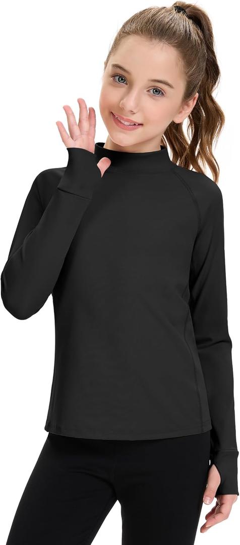 HASMES Girls Long Sleeve Shirt Kids Turtleneck Athletic T-Shirt Sports Activewear Yoga for Teens (11-12 Years, Black)