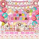 Donut Sweets Birthday Party Supplies, Donut Style Party Decorations Include Happy Birthday Banner, Backdrop, Tableware Set, Tablecloth, Cake Toppers, Cupcake Toppers, Latex Balloons, Hanging Swirls