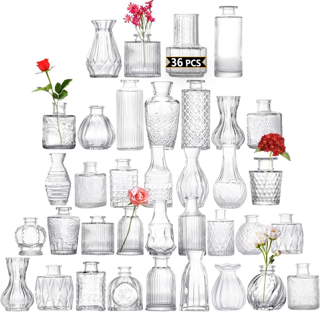 Glass Bud Vases Set of 36PCS, Small Flower Vases for Wedding Centerpiece Table Decoration, Vintage Vase in Bulk for Flower Arrangements, Mini Vase for Birthday Party, Festival Home Decor,Clear