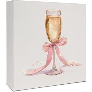 Cocktail Signs, Bar Decorations for Home,Pink Coquette Bow Champagne Wooden Box Sign, Champagne Bar Wood Signs for Home Desk Table Shelf Decor, 5x5 Inch