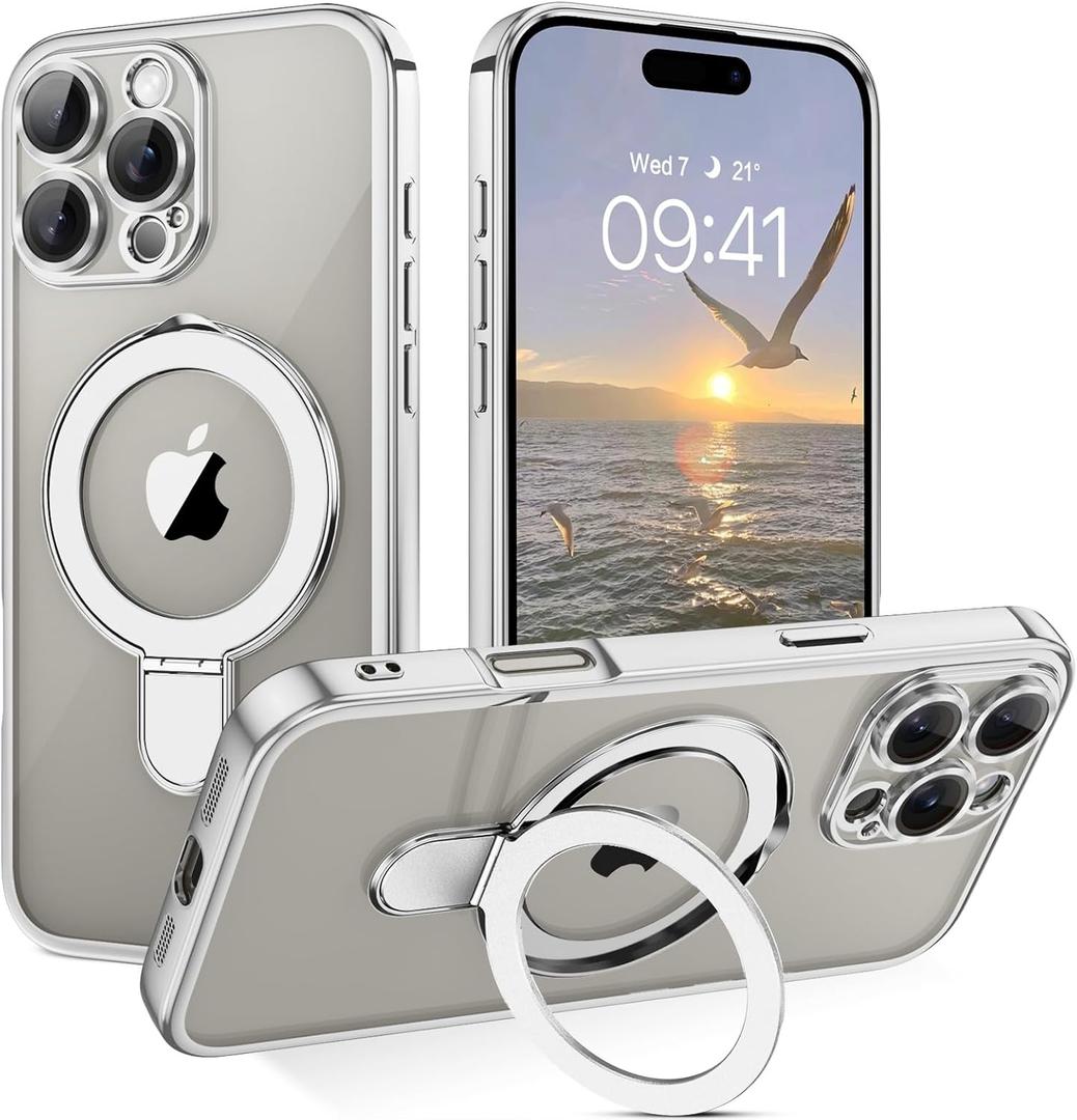 GUAGUA for iPhone 16 Pro Max Case with Stand, Magnetic Clear Cases Plating Edge Invisible Ring Holder Slim Shockproof Protective Kickstand Phone Case for iPhone 16 Pro Max 6.9 inch, Silver