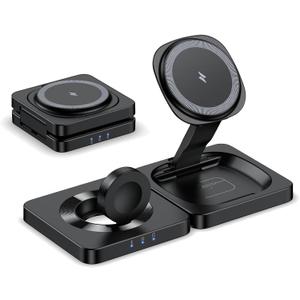 3-in-1 Wireless Charging Station - Foldable Magnetic Wireless Charger for Apple Device, 15W Fast Charging Stand for iPhone 16/15/14/13/12 Pro Max, AirPods & Apple Watch, Portable Travel-Friendly