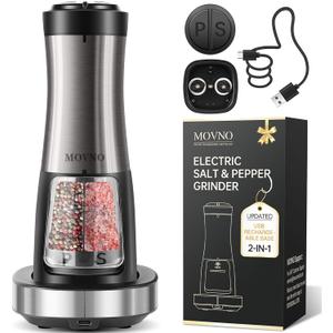 MOVNO 2 in 1 Rechargeable Electric Salt and Pepper Grinder Set with Charging Base, No Need Battery Automatic Salt and Pepper Grinder, One-Handed Operation, Adjustable Ceramic Grinder with LED Light (Black)