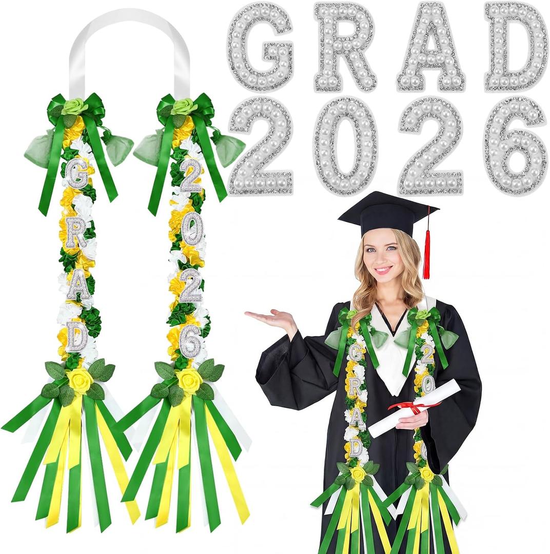 102" Flower Graduation Leis with Pearl Letters Patches Triple Braided Class of 2026 Pearl Graduation Ribbon Money Lei Necklace for High School College Senior Gift Grad Party Accessories(Green)
