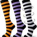 Chuarry 3 Pairs Christmas Striped Compression Socks Women 15-20mmHg Red Green White Knee High Stockings Circulation Xmas Gift L-XL