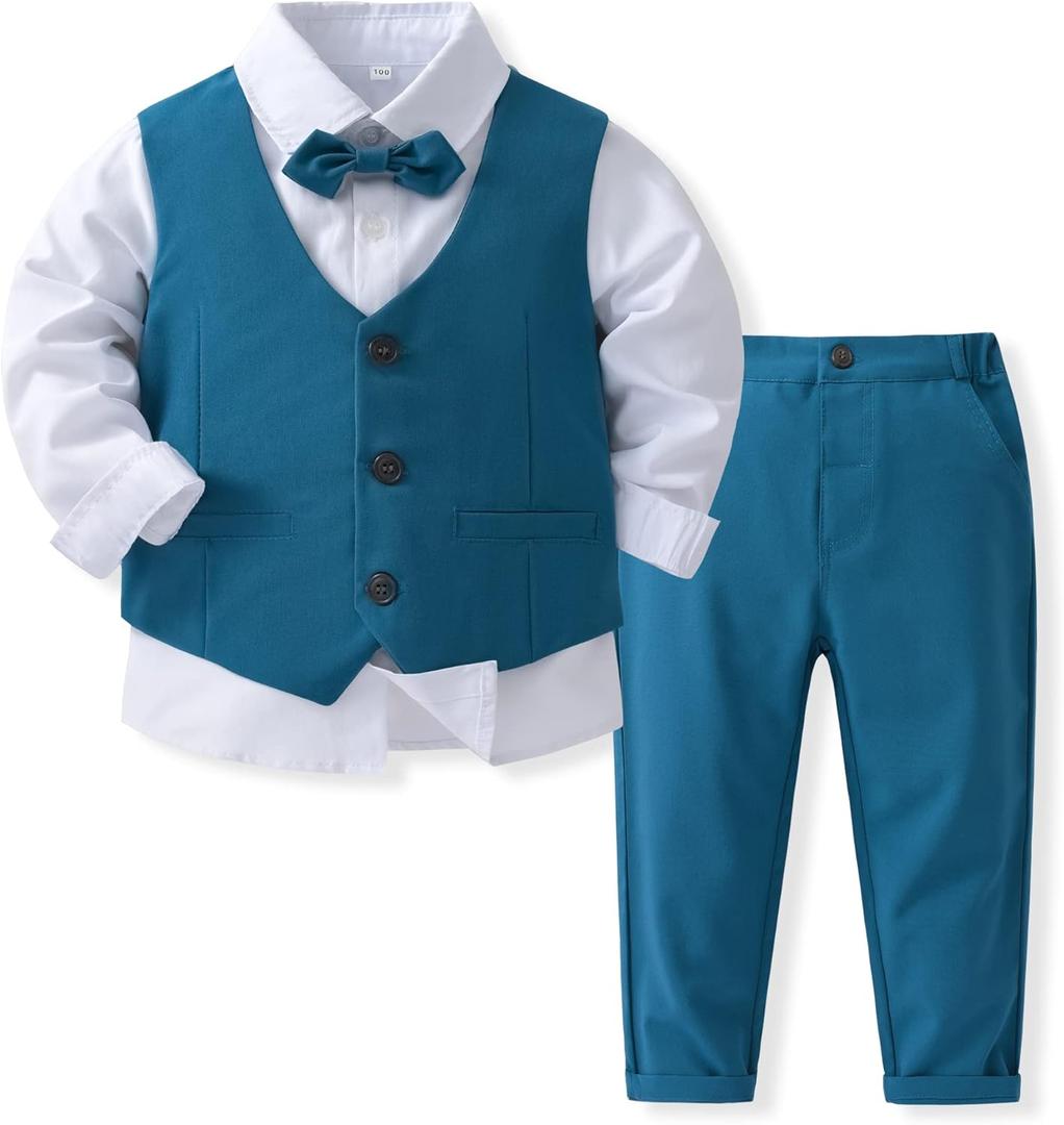 Boys 3Pcs Clothing Sets Cotton Long Sleeve Bowtie Shirts +Vest +Pants Casual Suit (4T/110, Dark Blue)