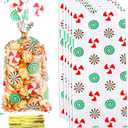 Christmas Treat Bags, Christmas Cellophane Candy Bags, 50Pcs Clear Cello Plastic Cellophane Gift Bag Snack Cookie Goodie Bag with Twist Ties for Xmas Winter Holiday Party Favors Supplies, 5 x11 Inch