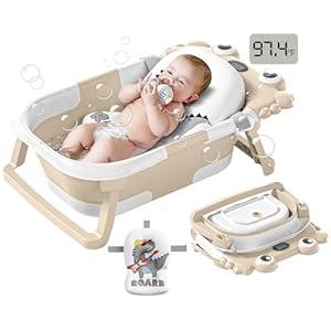 Collapsible Baby Bathtub for Infants to Toddler with Real-time Temp Monitor+Floating Cushion, Foldable Baby Bath Tub Set Applicable 0-36 Month, Portable Travel Baby Tub for Newborns Boy (Beige)