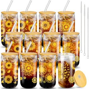 Zubebe Sunflower Glass Cup with Bamboo Lids and Straws 16 oz Iced Coffee Tumblers Sunflower Drinking Cup Daisy Beer Can Inspirational Gifts for Women Mother Teachers Birthday Retirement(Yellow,12 Pcs)