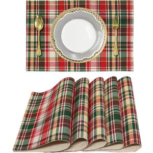 COTTON CRAFT Christmas Plaid Placemats - Set of 6 Table Mats - Pure Cotton Reusable Washable Farmhouse Kitchen Dcor - Everyday Thanksgiving Xmas Party Holiday Table Placemat  13x19  Red Green Ivory