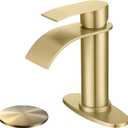 Brushed Gold Waterfall Bathroom Faucet Single Hole, Gold Bathroom Faucet for Sink 1 Hole with 6 in Deck Plate and Pop Up Drain and Supply Hose, Modern Bathroom Sink Faucet (Short)