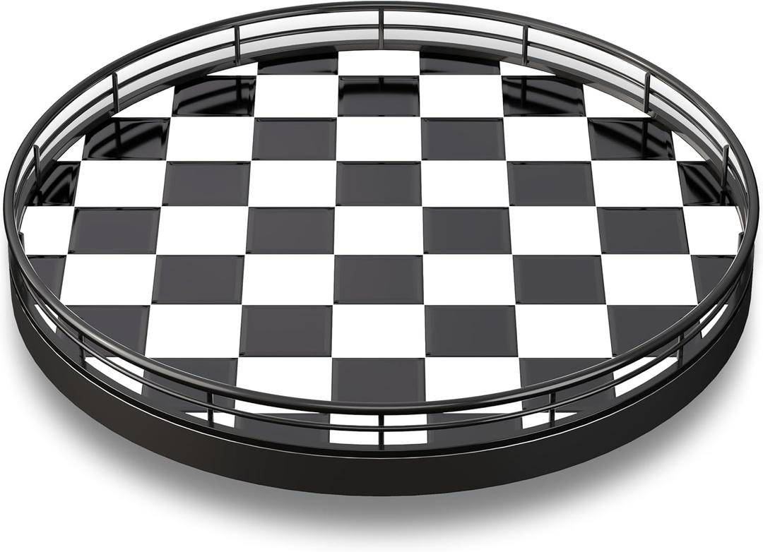10.2-Inch Black & White Checkerboard Lazy Susan Organizer  Rotating Serving Tray with Oak Base, Iron Frame, & Ceramic Tile Perfect for Dining Table, Kitchen Cabinet, Bathroom Countertop, Home Dcor
