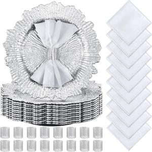 Tanlade 72 Pcs Christmas Charger Plates Set Bulk 24 Pcs 13'' Floral Reef Plates, Napkin Rings and Cloth Napkins Plastic Dinner Chargers Set for Table Setting Wedding Party(Silver)