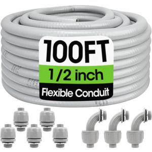 100FT Liquid-Tight Conduit and Connector Kit, 1/2 Flexible Non Metallic Electrical Conduit with 5 Straight and 3 Angle Fittings, PVC Conduit