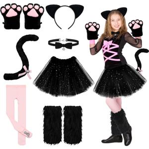Haull 8 Pcs Halloween Kitten Cat Costume Accessories Girl Cat Ear Tail Gloves Bell Choker Necklace Tights Skirt Calf Sleeves (Large, Black and Pink)