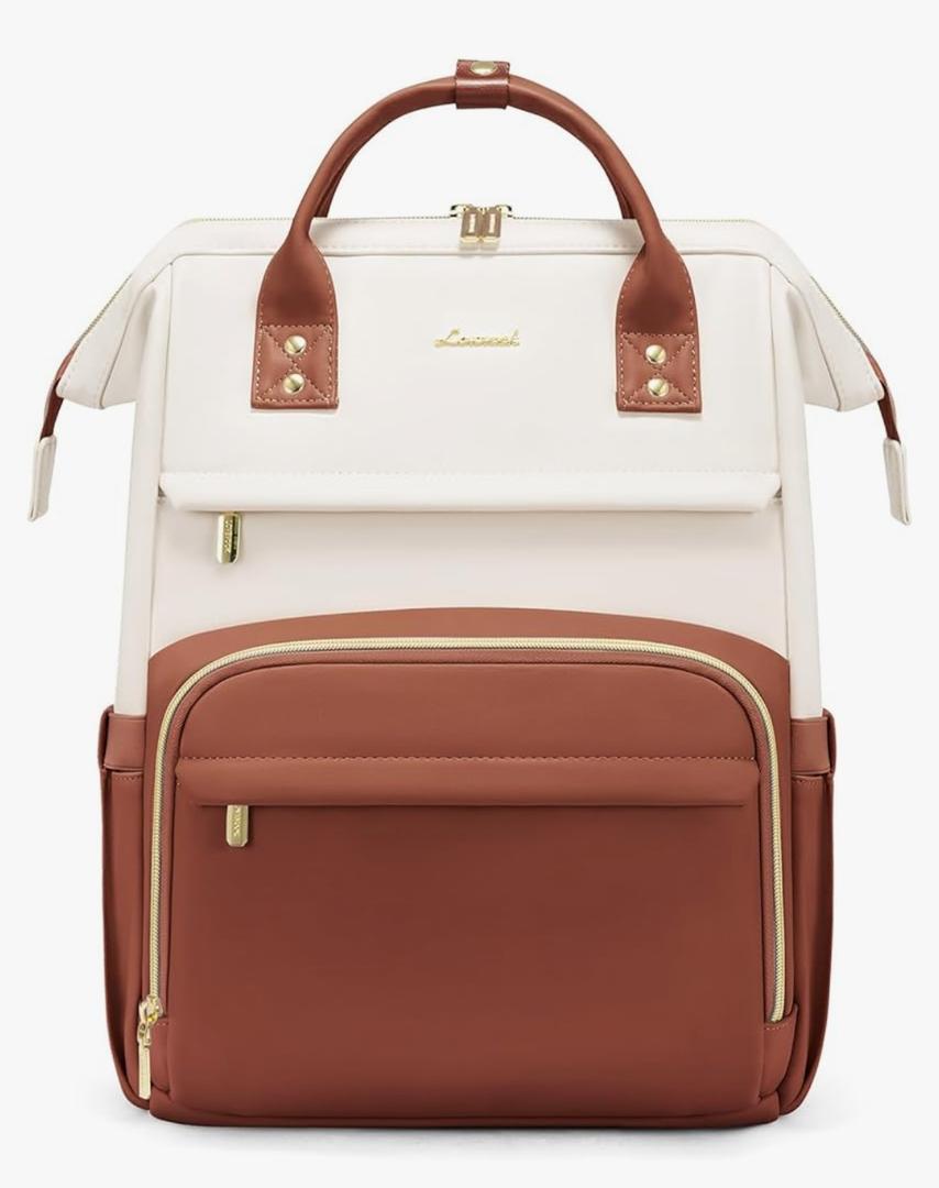 Leather Backpack for Women,17 inch Leather Laptop Backpack Women,Professional Work Backpack Nurse College Teacher Bag,Womens Laptop Tote Bag Computer Travel Backpack Purse,Beige White-Brown