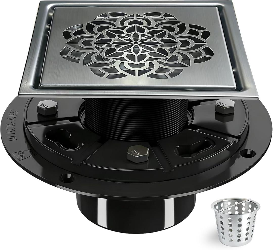 6 Inch Shower Drain, Square Shower Floor Drain Kit with Flange and Removable Cover Grate, AISI 304 Stainless Steel, Brushed Nickel