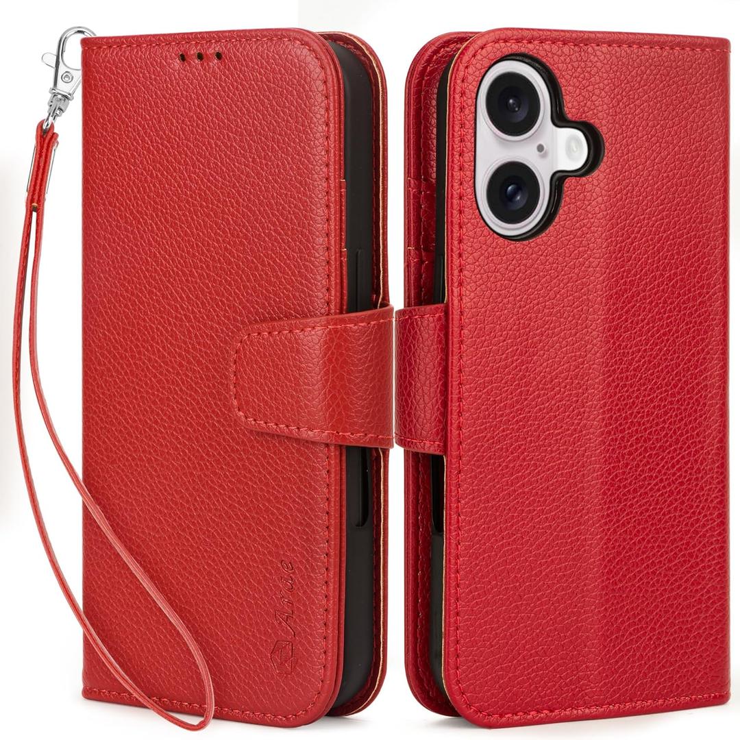 Arae Compatible with iPhone 16 Case Wallet with Card Holder,Wristlet Strap Wallet Flip Cover for iPhone 16 6.1 inch Men/Women, RFID Blocking, Kickstand, Litchi Wine Red