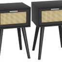 LAATOOREE Nightstand Set of 2, Small End Table with Rattan Door, Bedside Table with Solid Wood Feet, Boho Side Table for Bedroom Living Room Small Space, Black